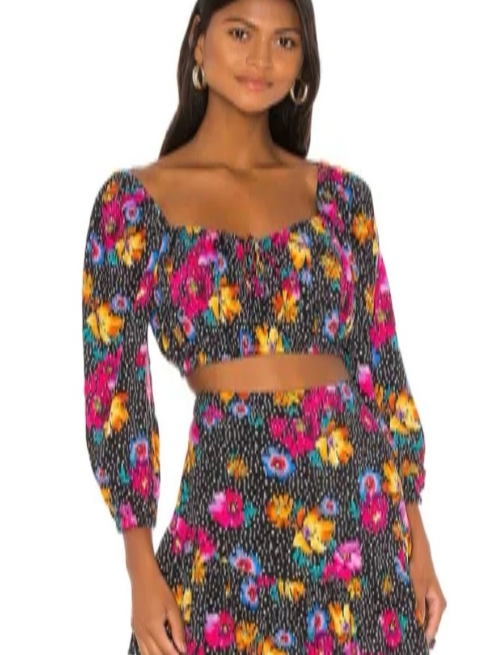 New NWT MAJORELLE Black Colorful Floral Dotted Crop Top Blouse Womens Sz S.